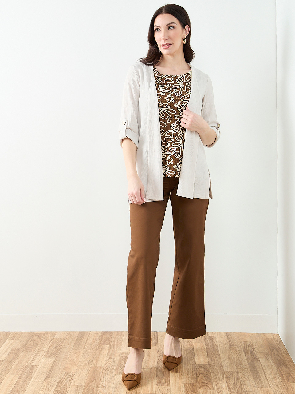 Tabbed 3/4 Sleeve Cardigan in Stone