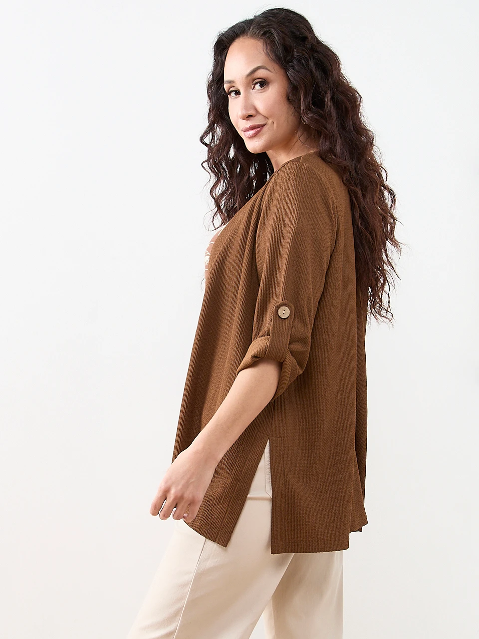 Petite Tabbed 3/4 Sleeve Cardigan in Tobacco