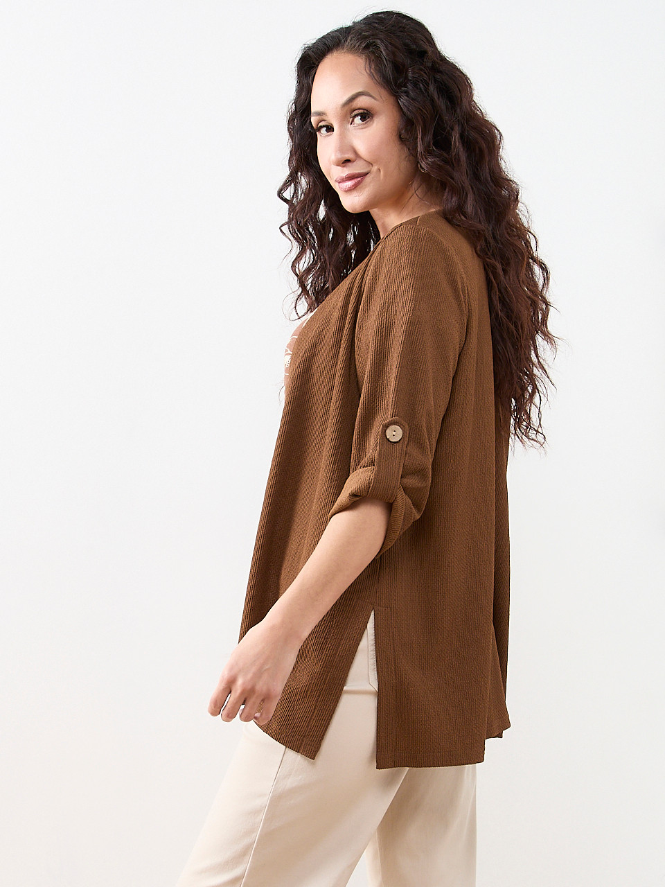 Petite Tabbed 3/4 Sleeve Cardigan in Tobacco