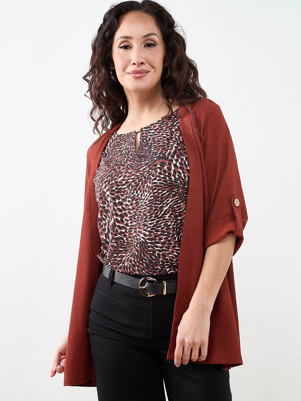 Petite Tabbed 3/4 Sleeve Cardigan in Terracotta