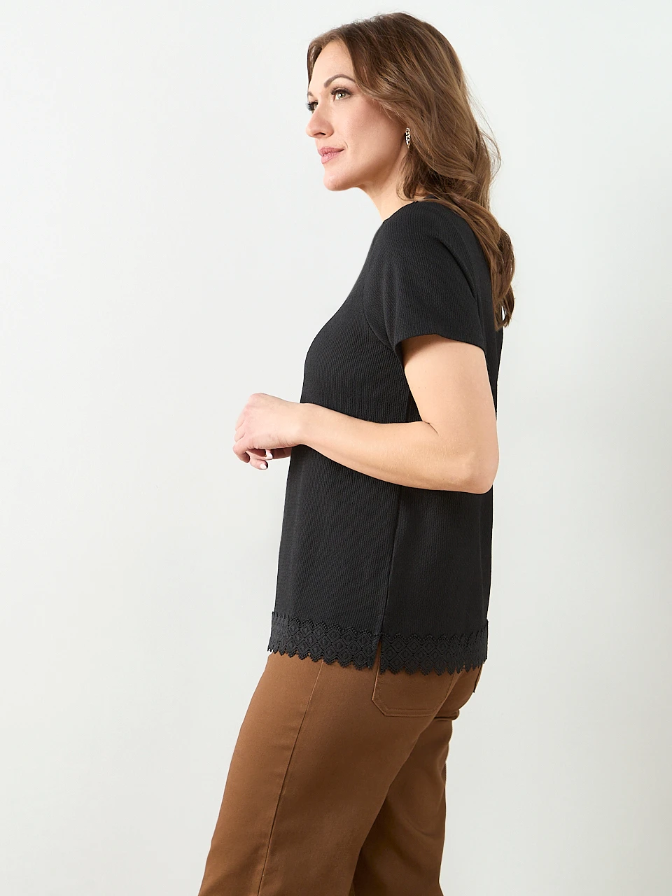 Short Sleeve Crochet Trim Top in Black