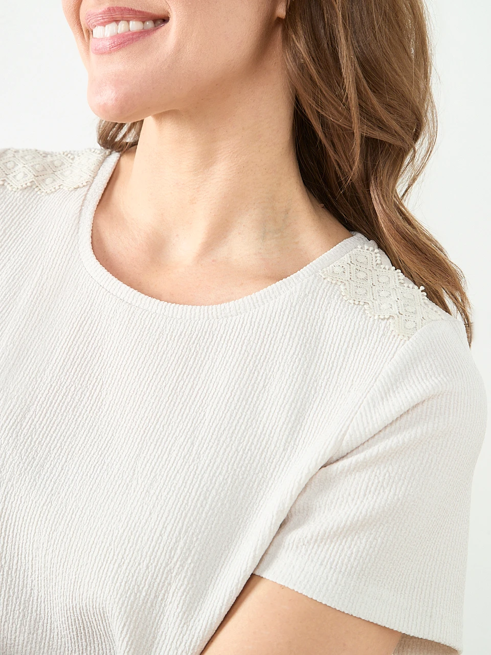 Short Sleeve Crochet Trim Top in Stone