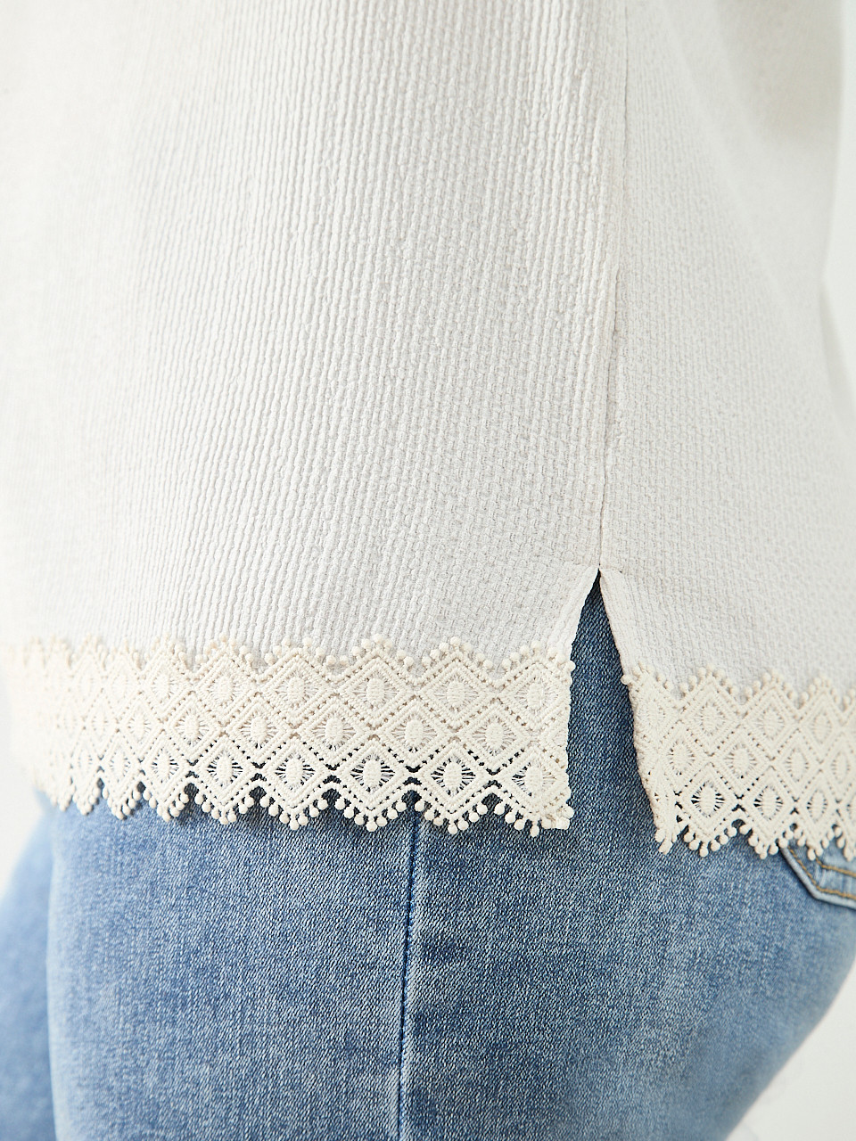 Short Sleeve Crochet Trim Top in Stone