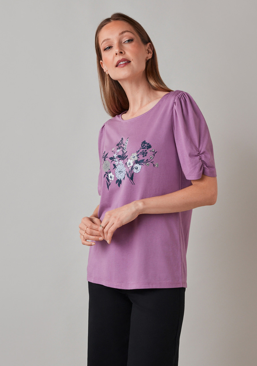Ruched Elbow Sleeve Scoop Neck Tee in Purple Floral