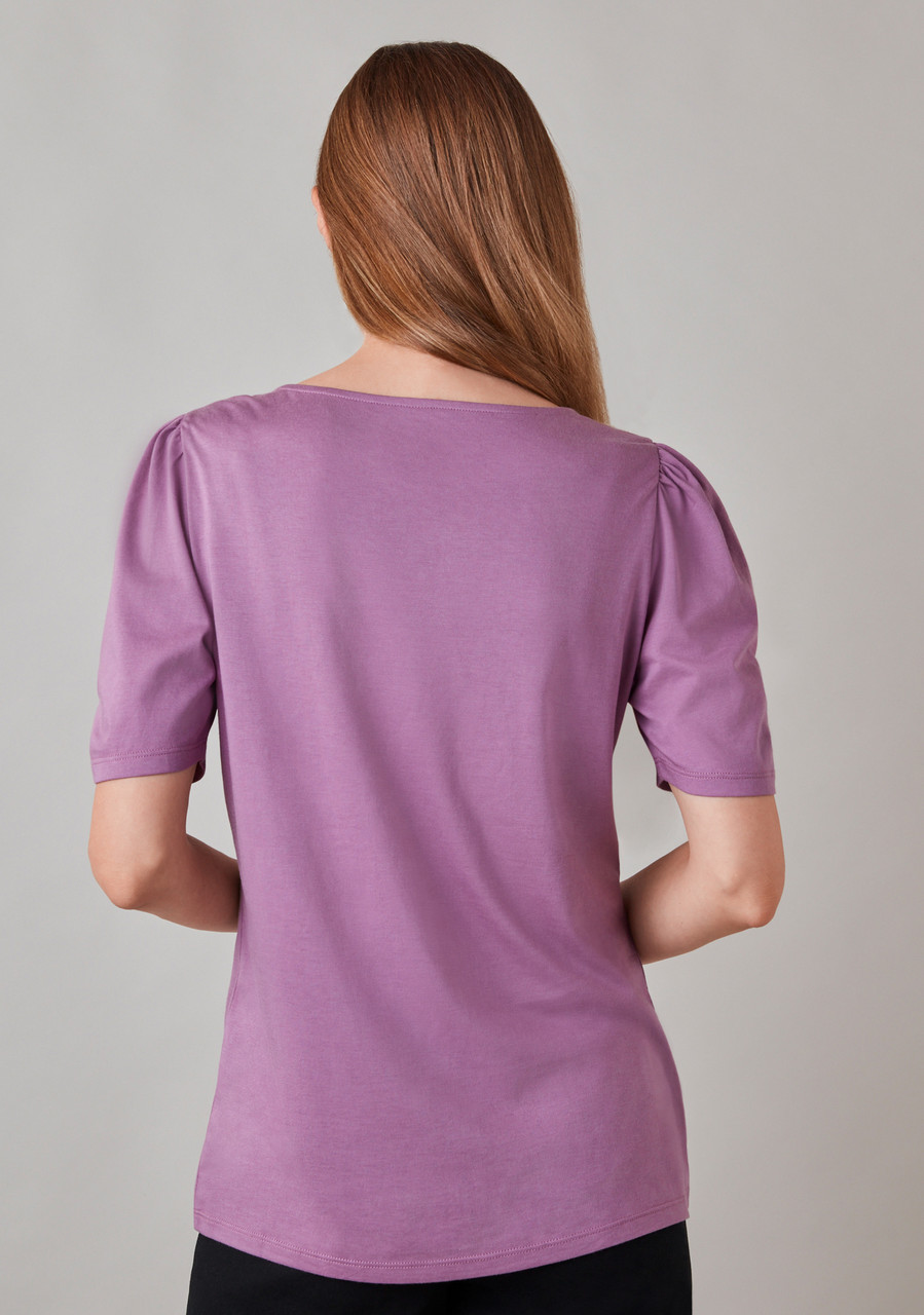 Ruched Elbow Sleeve Scoop Neck Tee in Purple Floral