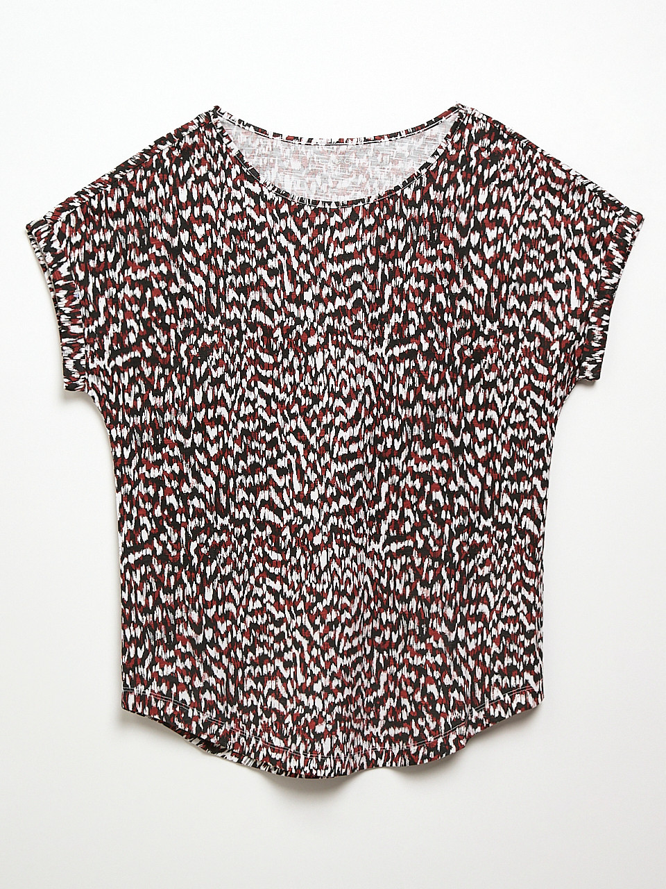 Short Cuffed Sleeve Slub Boat Neck Tee in Terracotta Abstract