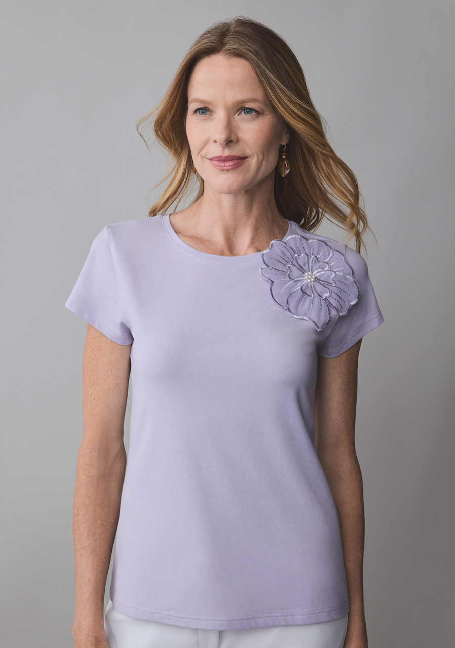 Lavender Short Sleeve Floral Applique Tee