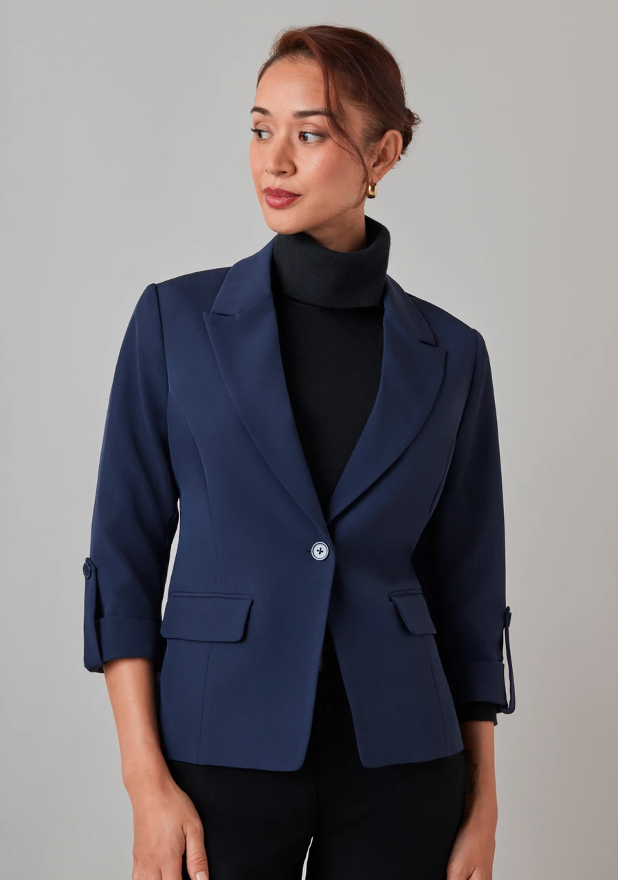 Roll Cuff 1 Button Blazer in Navy