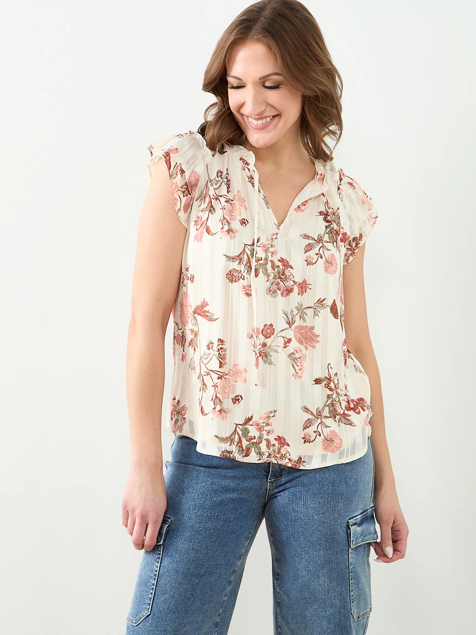 Short Sleeve Ruffle Blouse in White Terracotta Floral