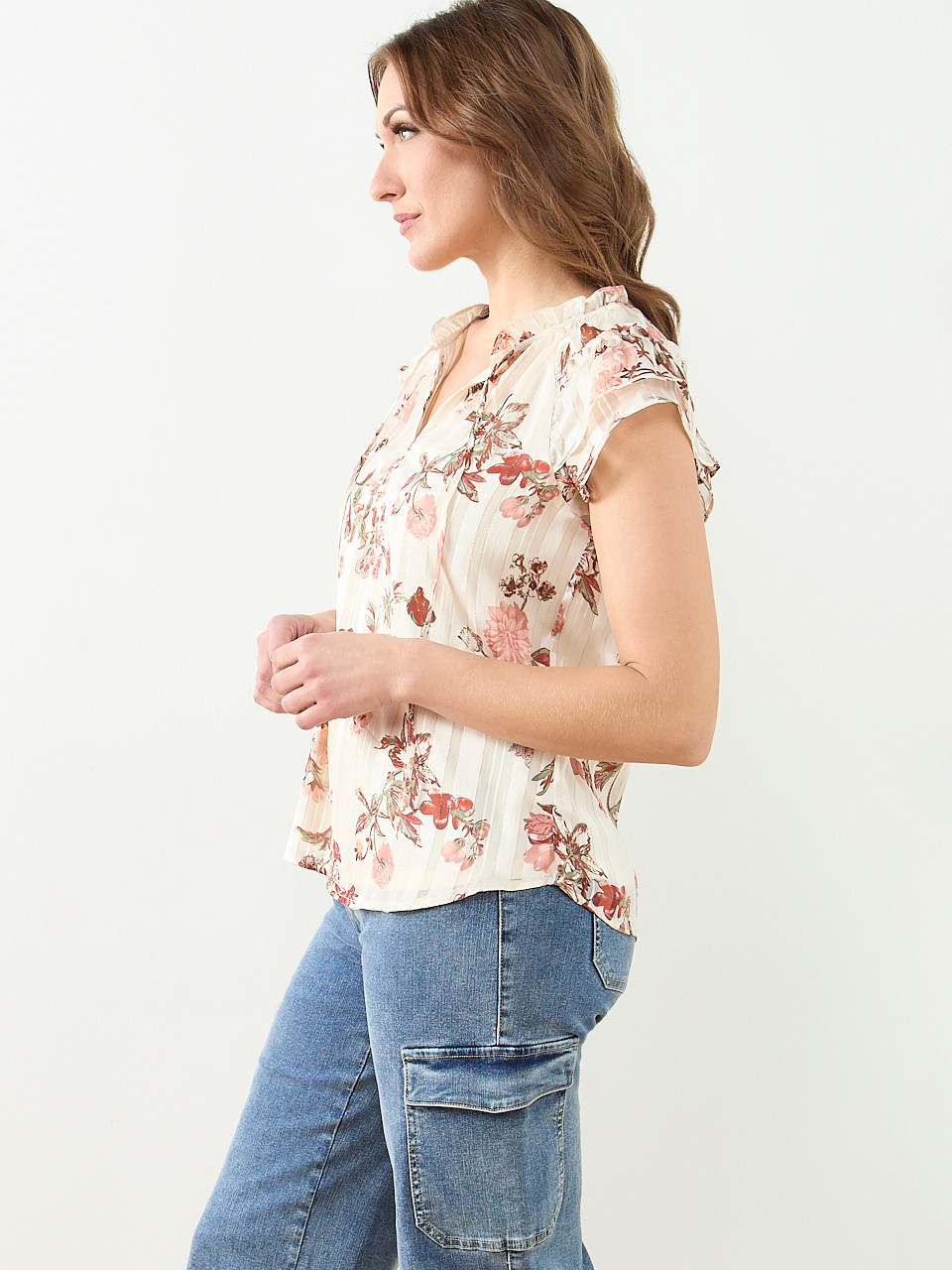 Short Sleeve Ruffle Blouse in White Terracotta Floral