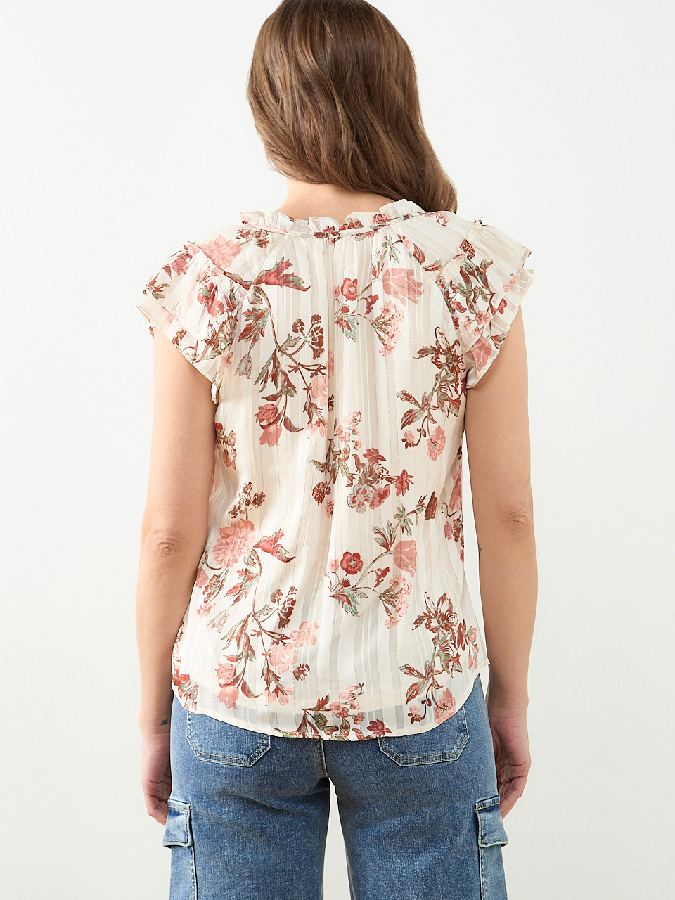 Short Sleeve Ruffle Blouse in White Terracotta Floral