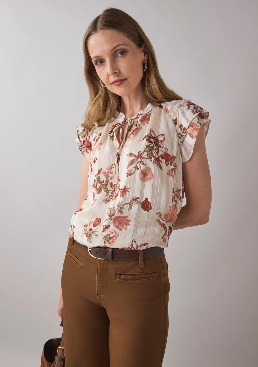 Short Sleeve Ruffle Blouse in White Terracotta Floral