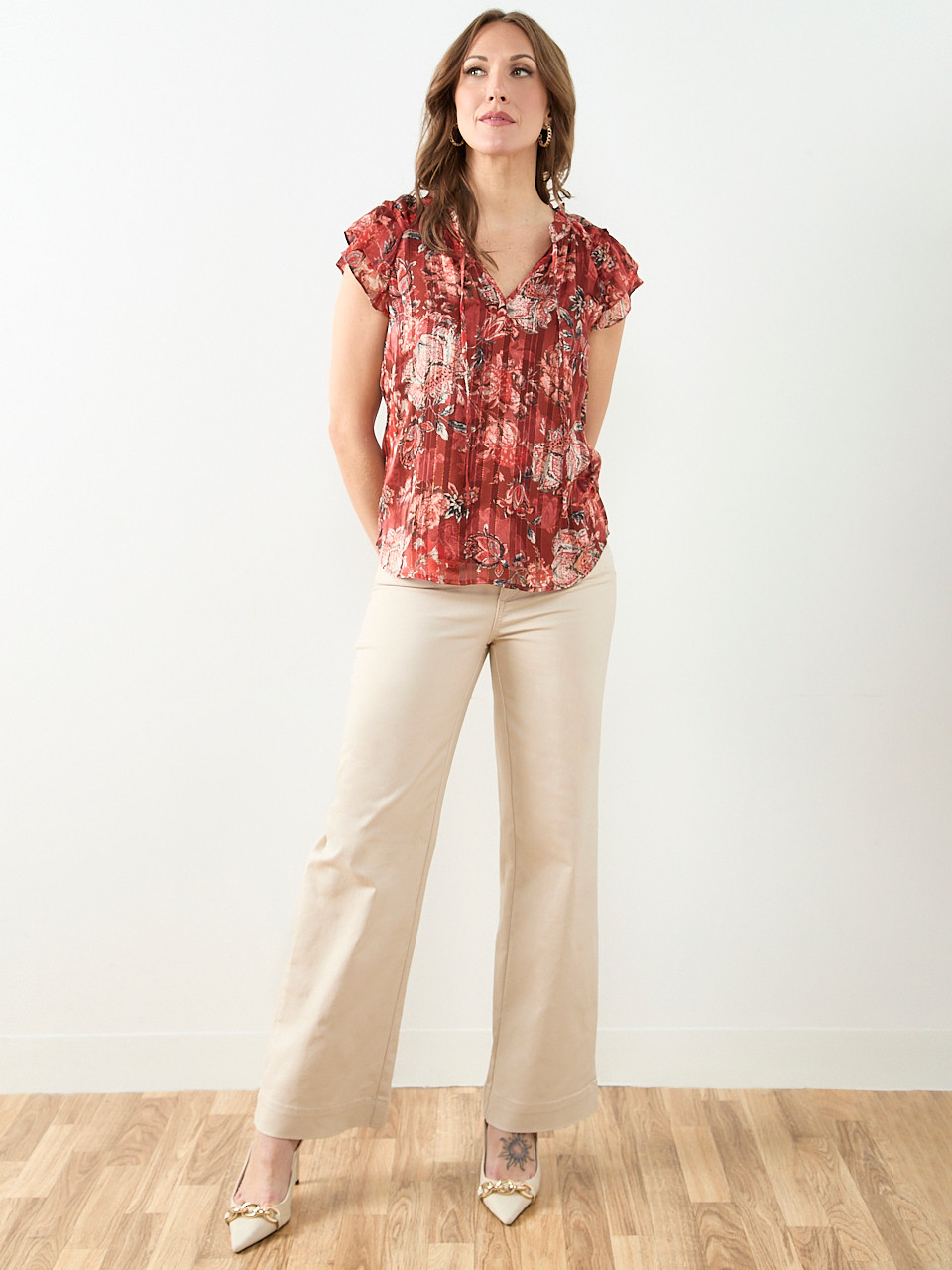 Short Sleeve Ruffle Blouse in Terracotta Floral