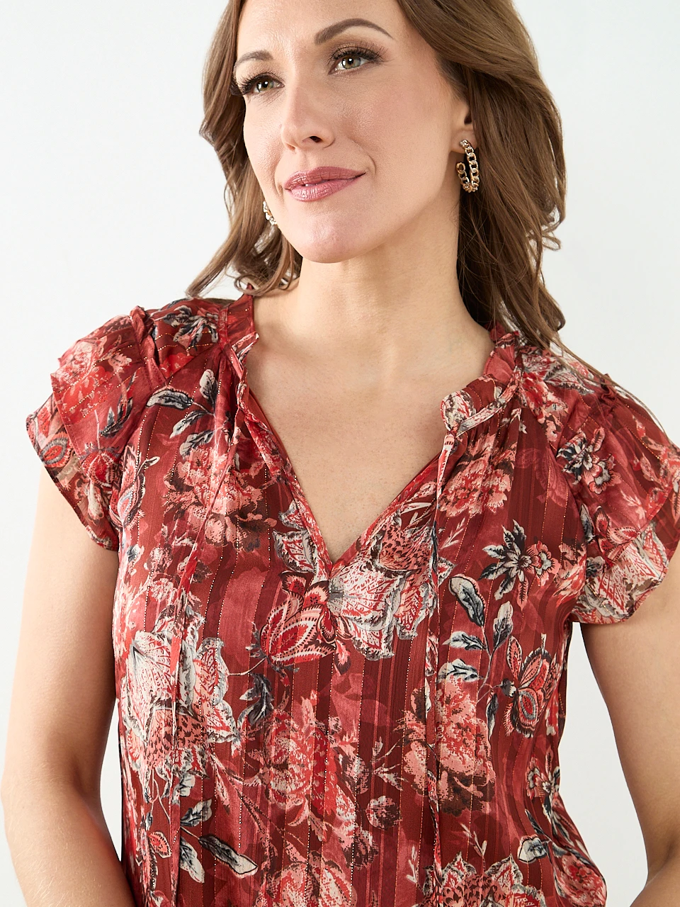 Short Sleeve Ruffle Blouse in Terracotta Floral