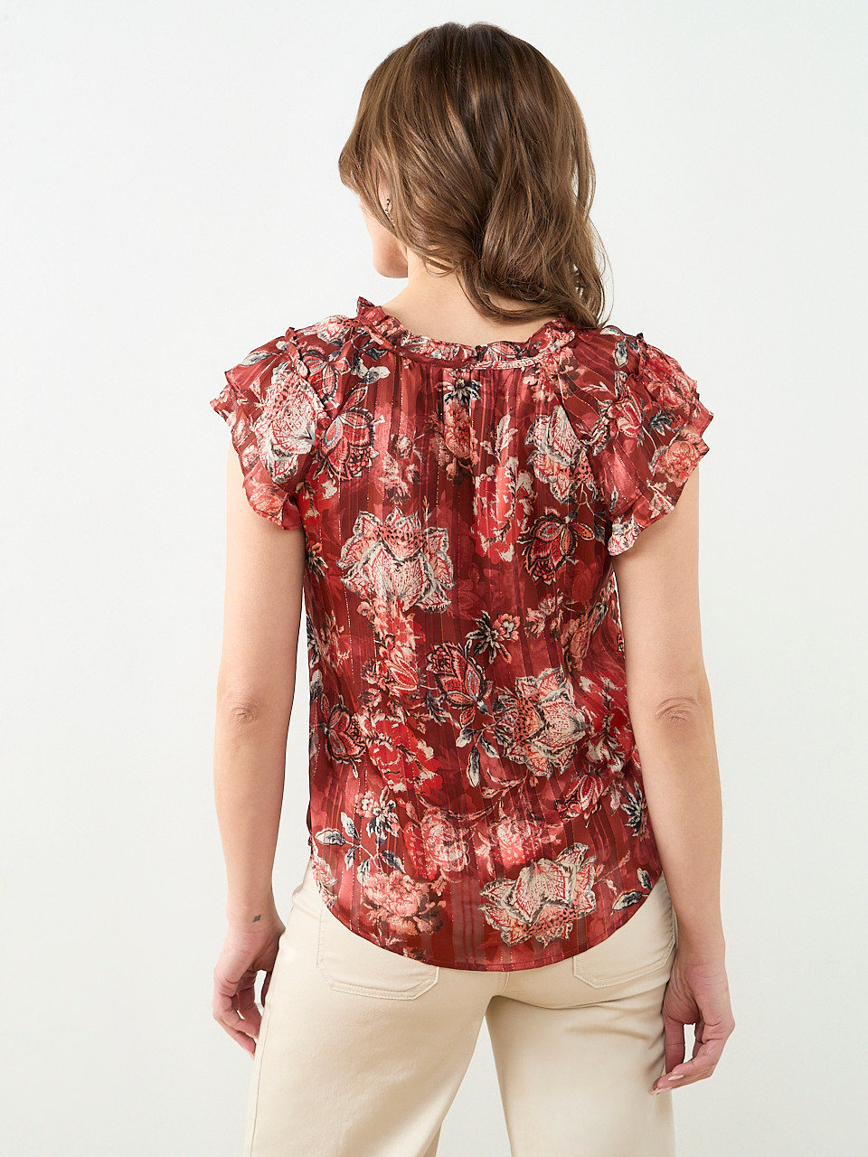 Short Sleeve Ruffle Blouse in Terracotta Floral