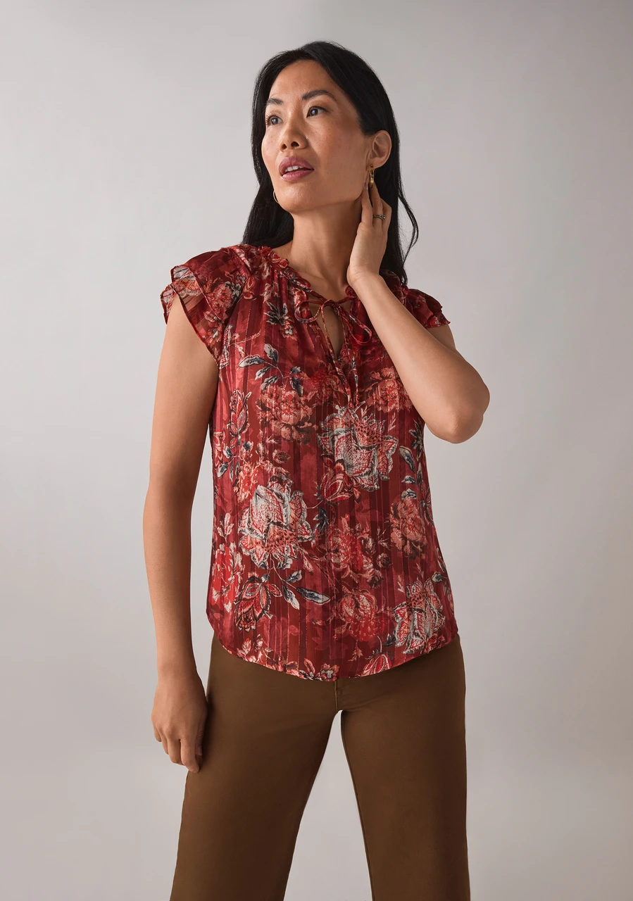Short Sleeve Ruffle Blouse in Terracotta Floral