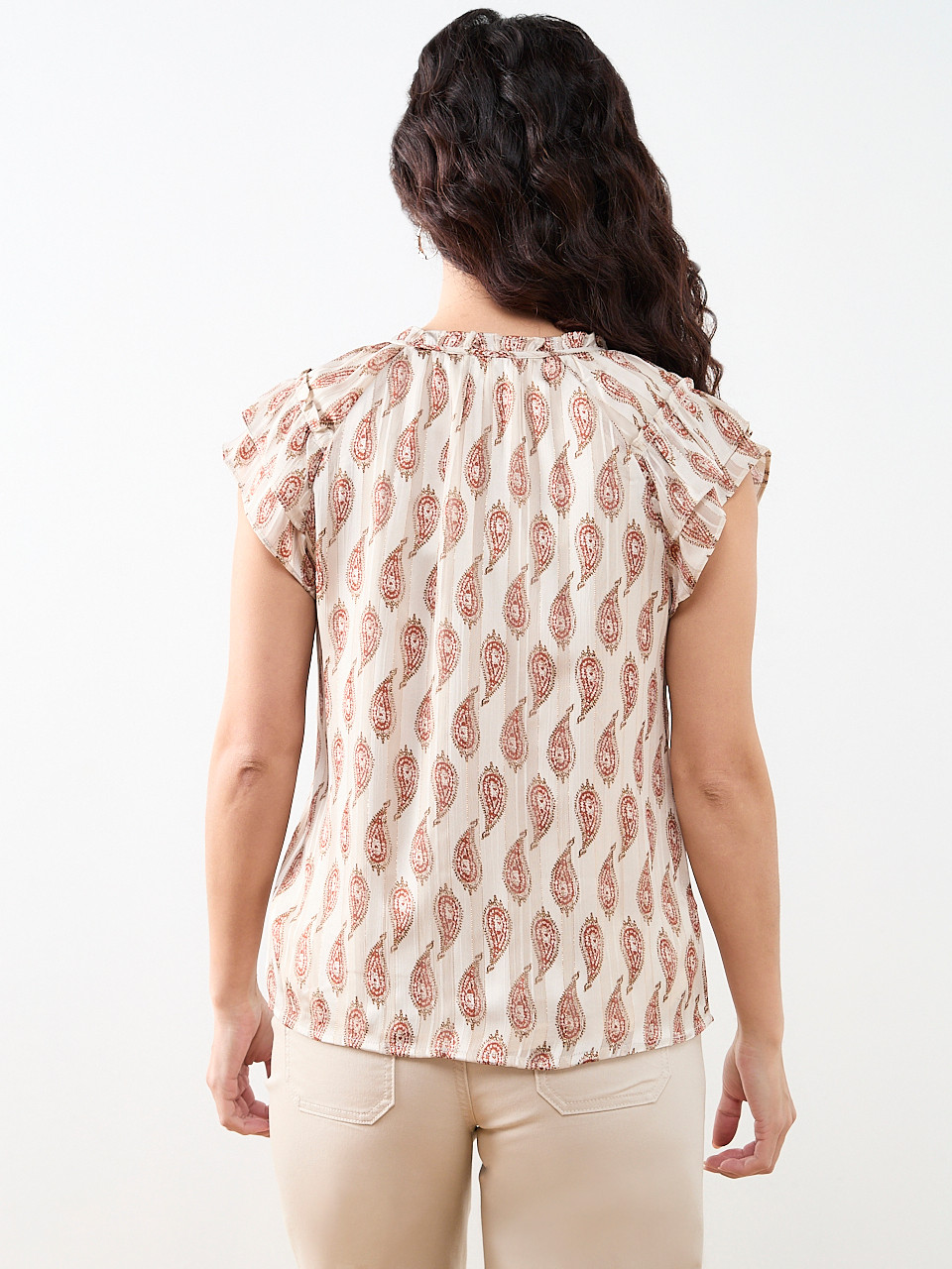 Petite Short Sleeve Ruffle Blouse in White Terracotta Paisley
