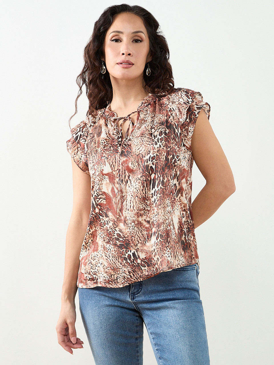 Petite Short Sleeve Ruffle Blouse in Tobacco Animal