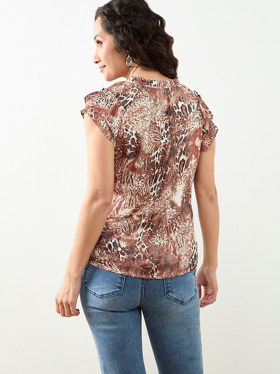 Petite Short Sleeve Ruffle Blouse in Tobacco Animal