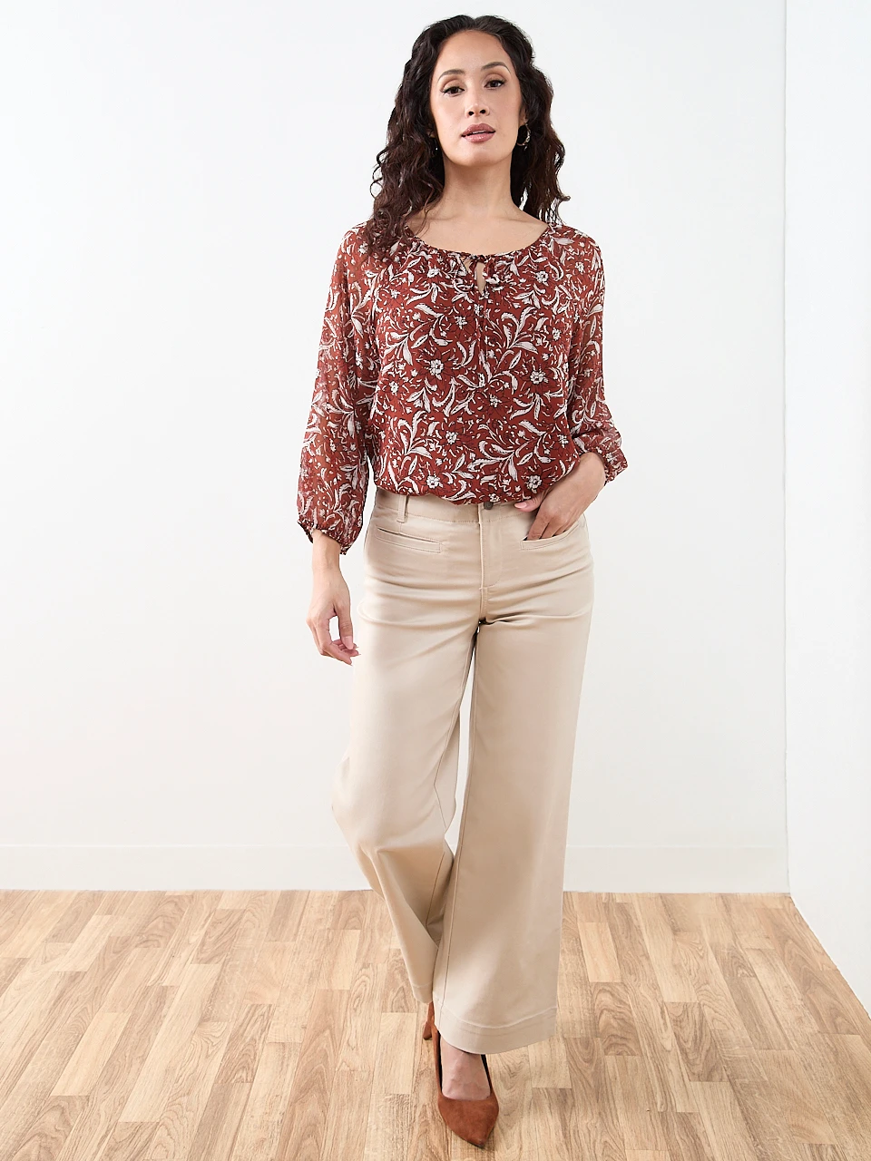 Petite 3/4 Sleeve Round Neck Blouse in Terracotta Paisley Floral