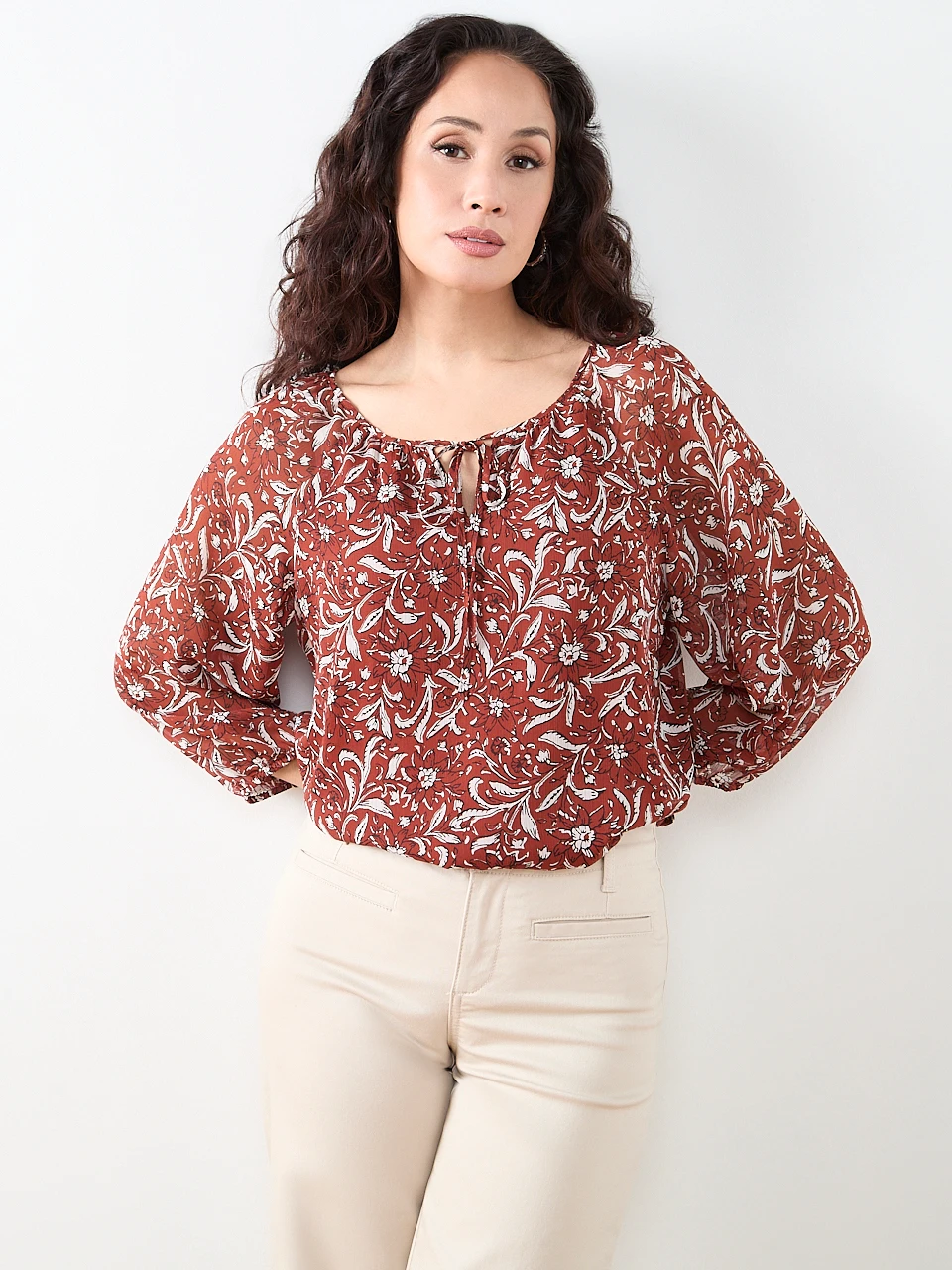 Petite 3/4 Sleeve Round Neck Blouse in Terracotta Paisley Floral