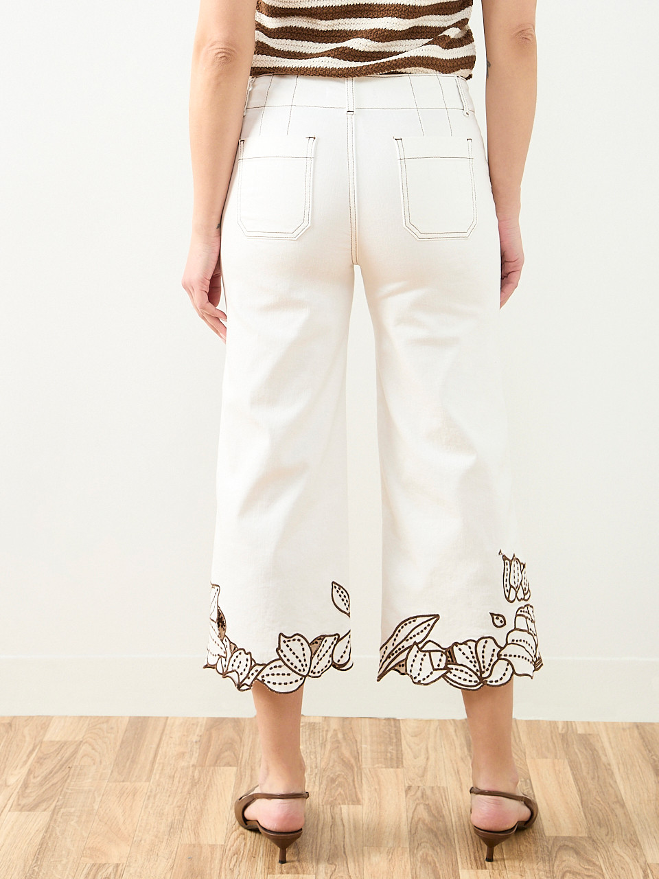 Haylie Wide Embroidered Crop Denim Jean in Ecru