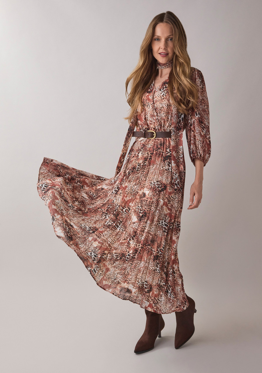 Petite V Neck Pleated Maxi Dress in Animal Print
