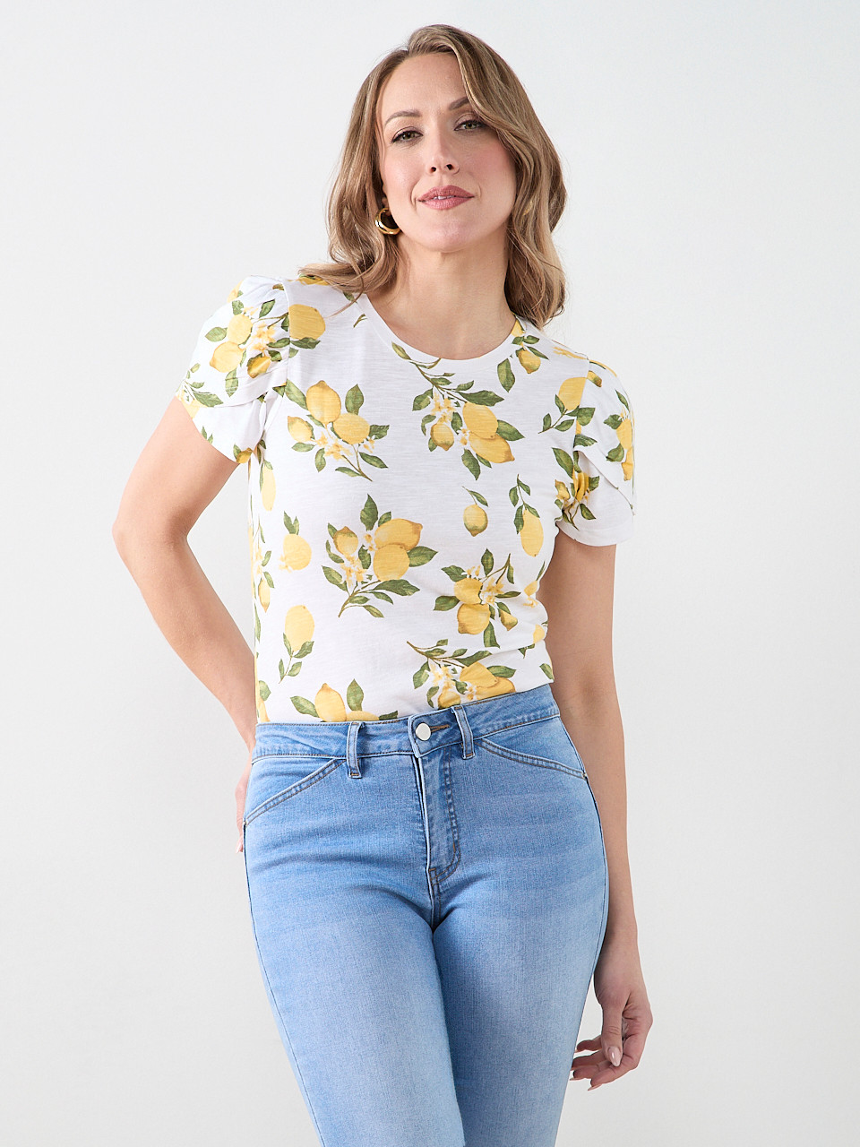 All Over Lemon Print Short Sleeve Tulip Scoop Neck Tee