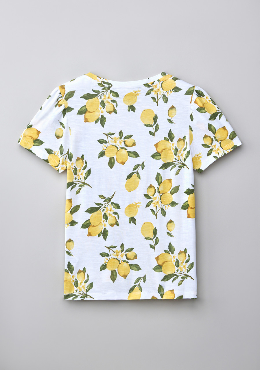 All Over Lemon Print Short Sleeve Tulip Scoop Neck Tee