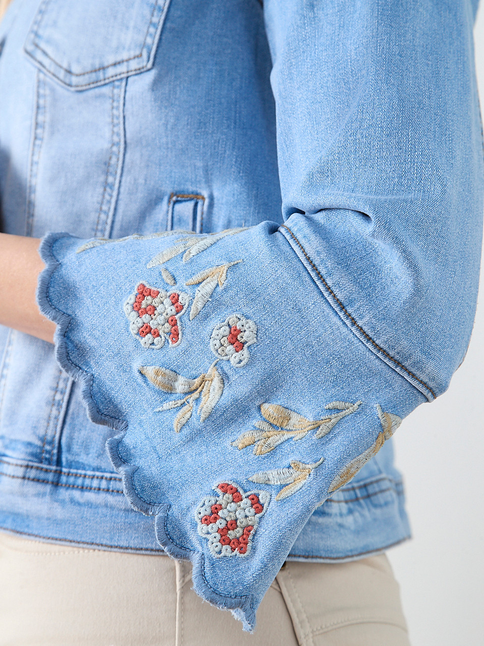 Embroidered Bell Sleeve Denim Jacket in Light Wash