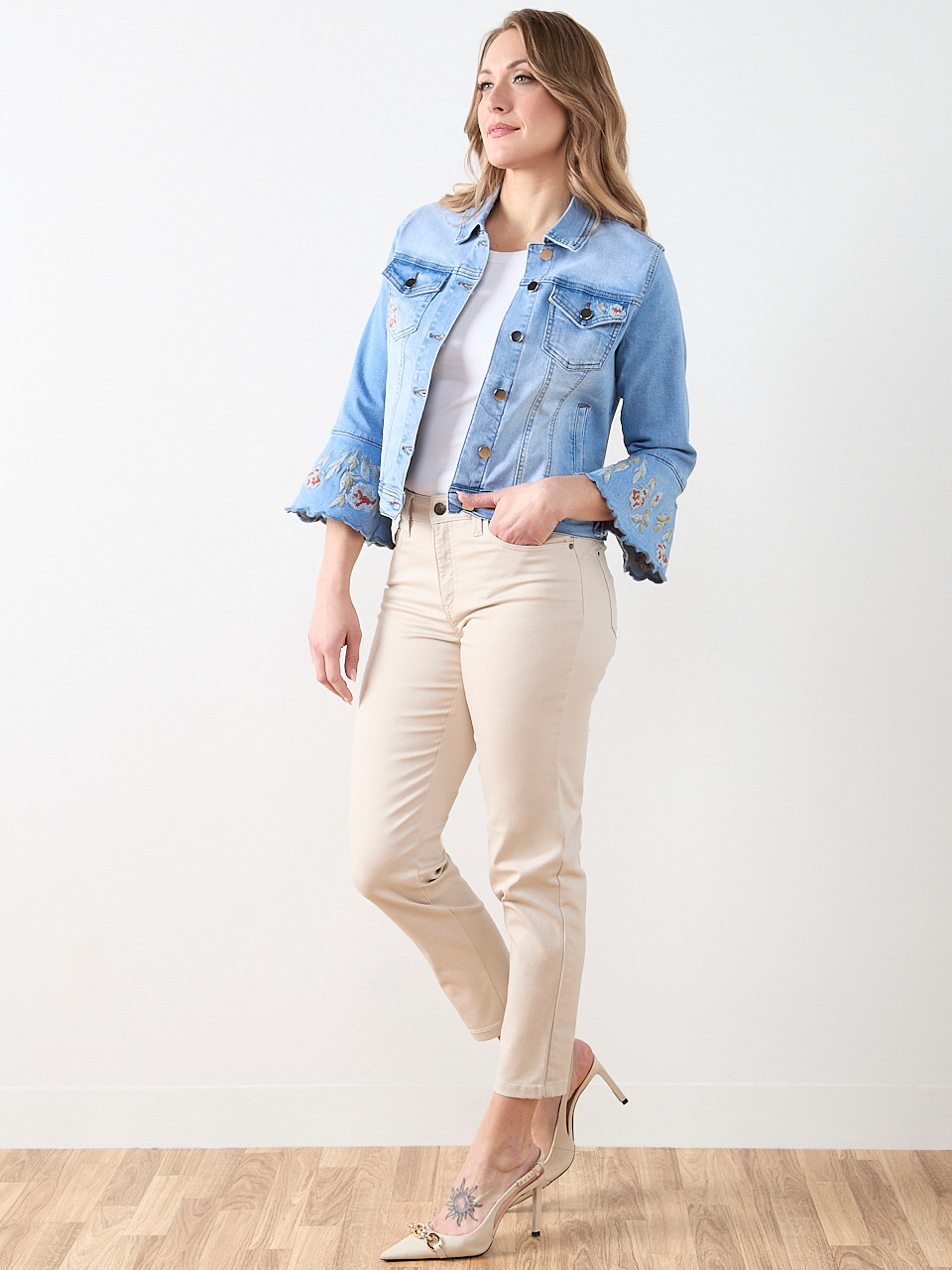 Embroidered Bell Sleeve Denim Jacket in Light Wash | Cleo