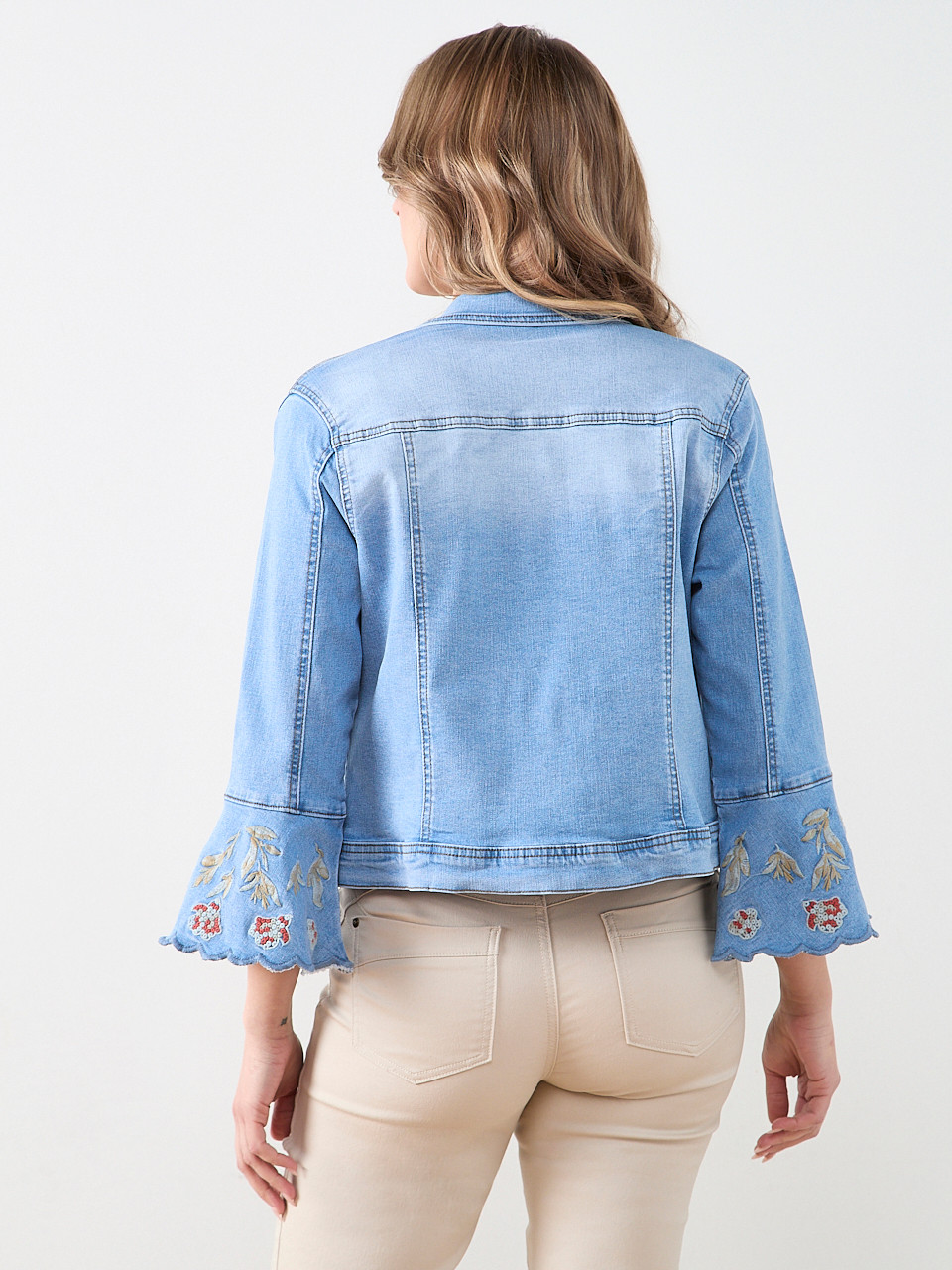 Embroidered Bell Sleeve Denim Jacket in Light Wash | Cleo