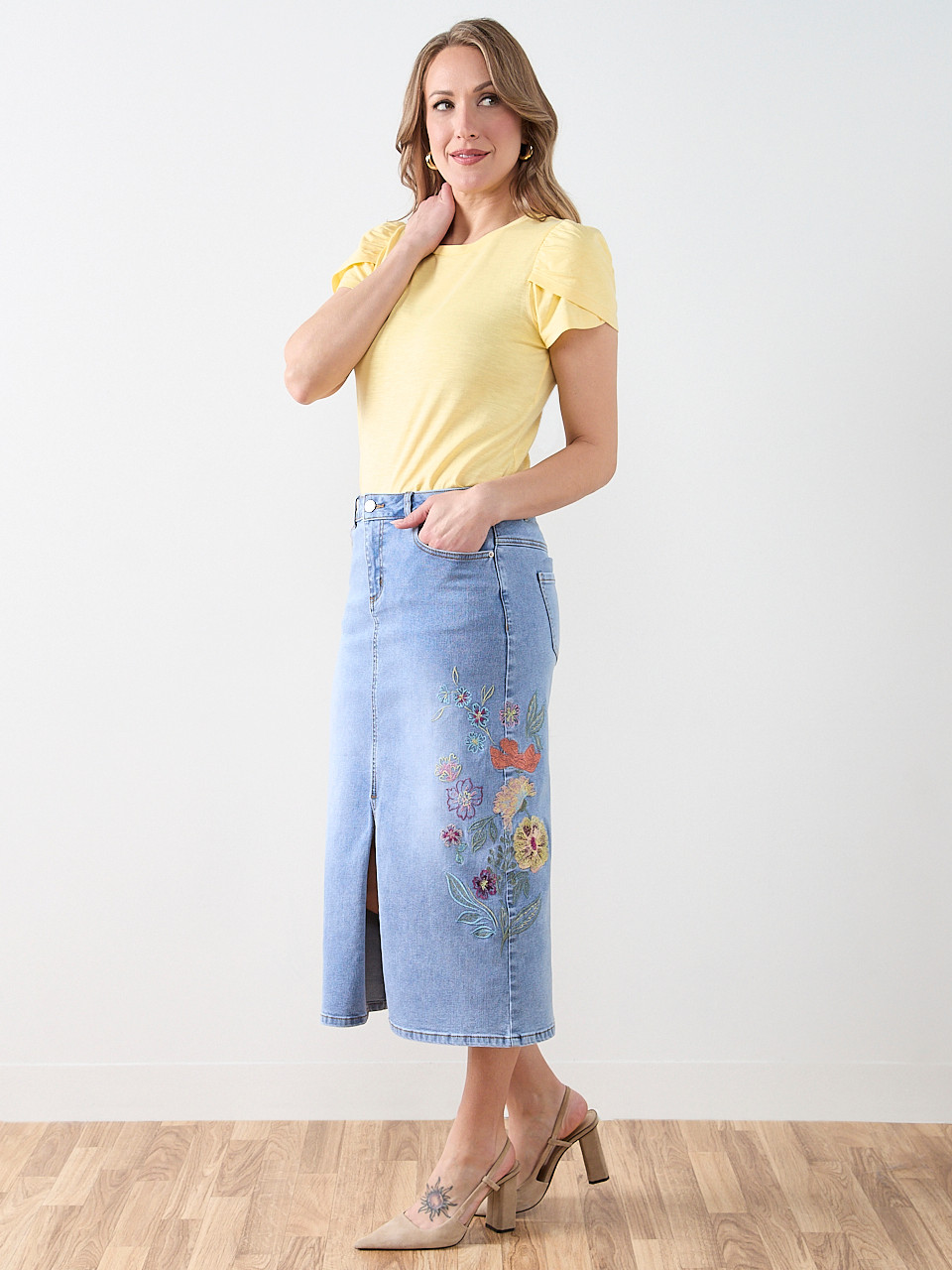 Embroidered Denim Skirt in Light Wash | Cleo