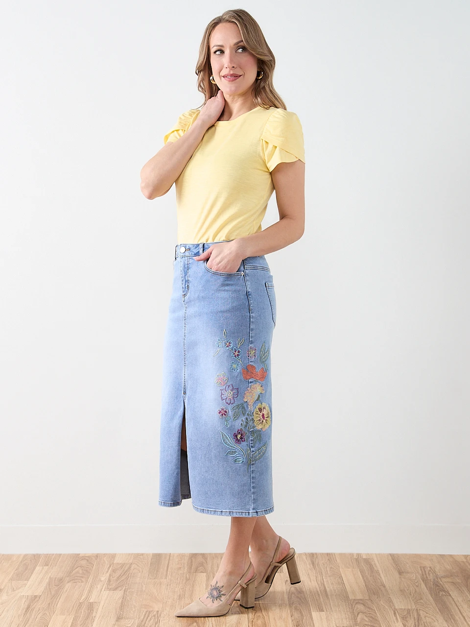 Embroidered Denim Skirt in Light Wash
