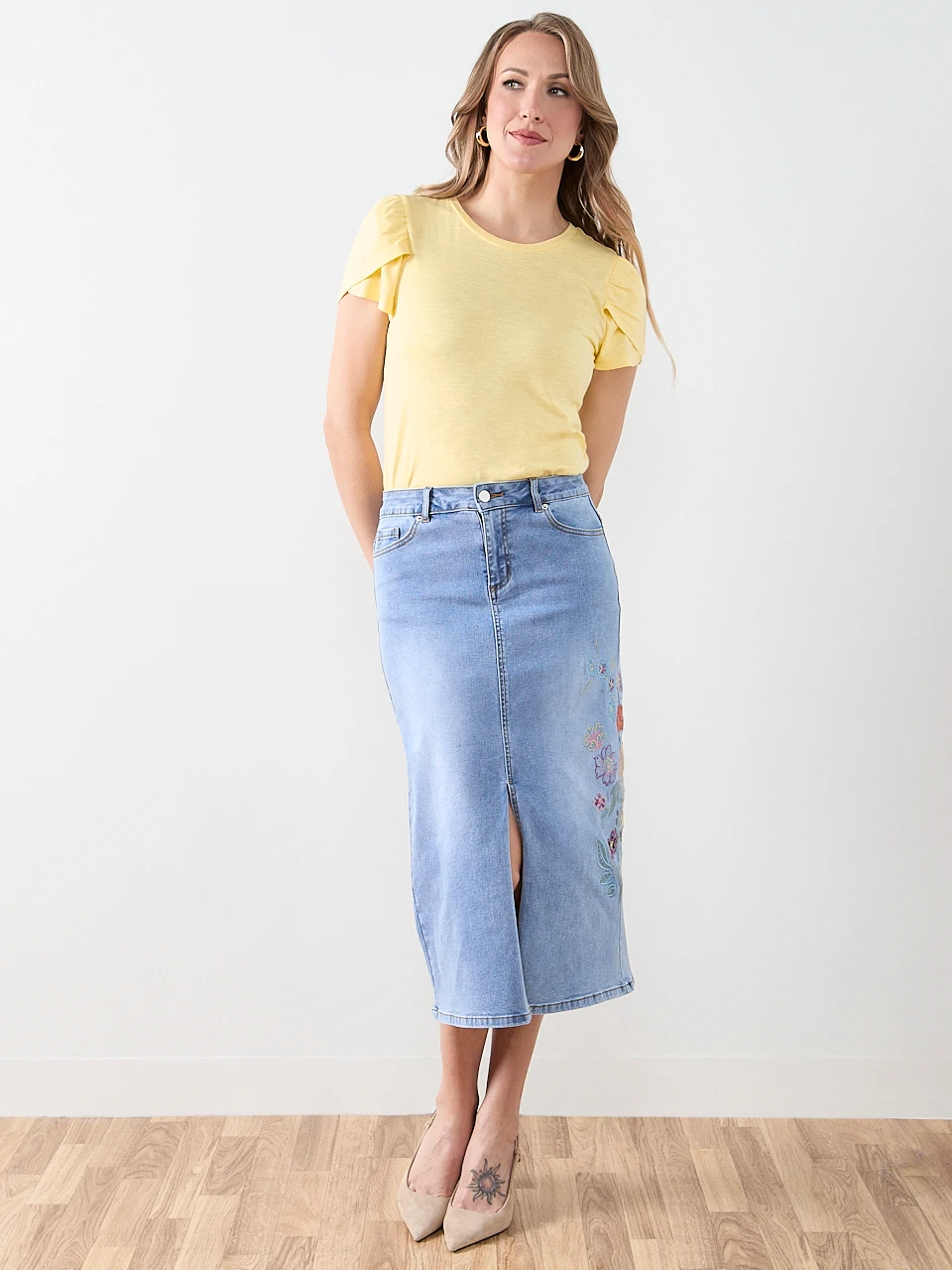 Embroidered Denim Skirt in Light Wash