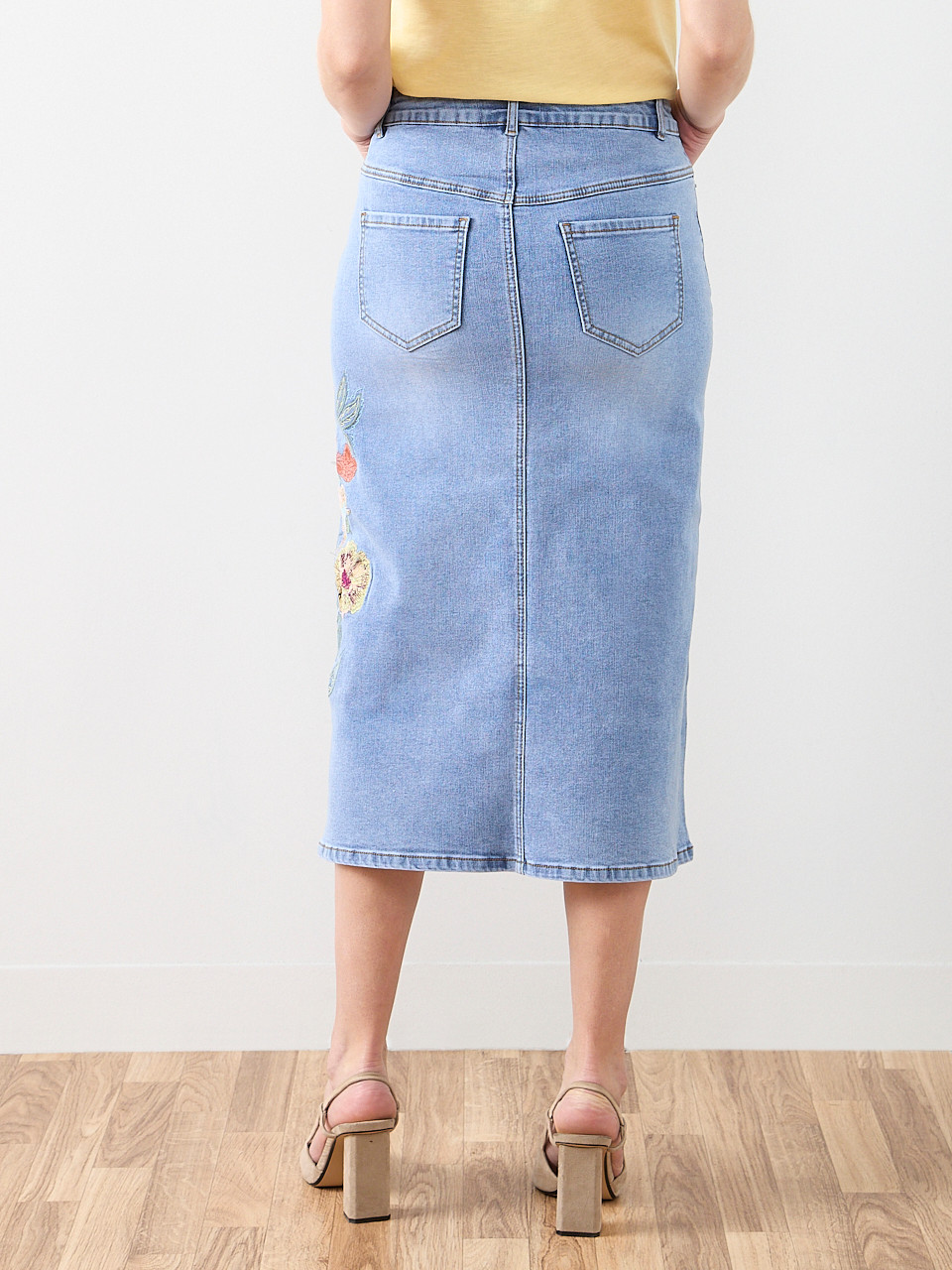 Embroidered Denim Skirt in Light Wash | Cleo
