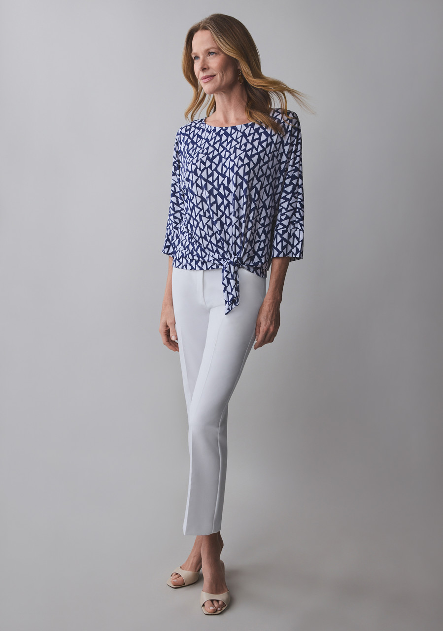 3/4 Sleeve Round Neck Top with Side Tie Detail in Blue White Geo