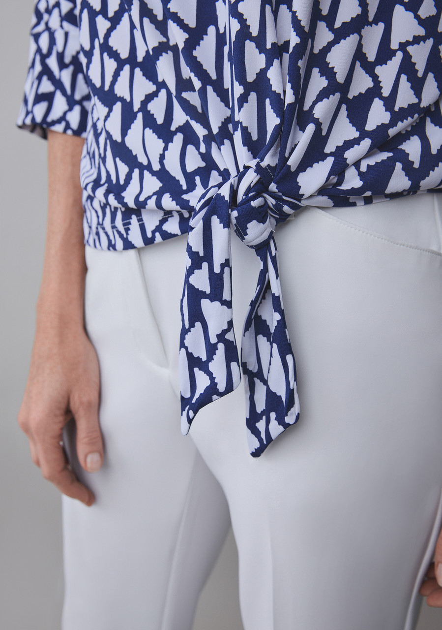 3/4 Sleeve Round Neck Top with Side Tie Detail in Blue White Geo