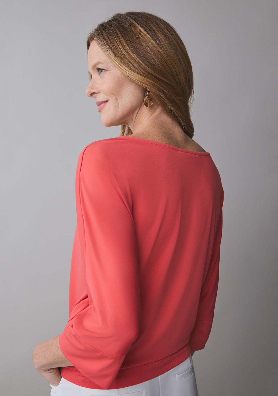 3/4 Sleeve Round Neck Top with Side Tie Detail in Papaya