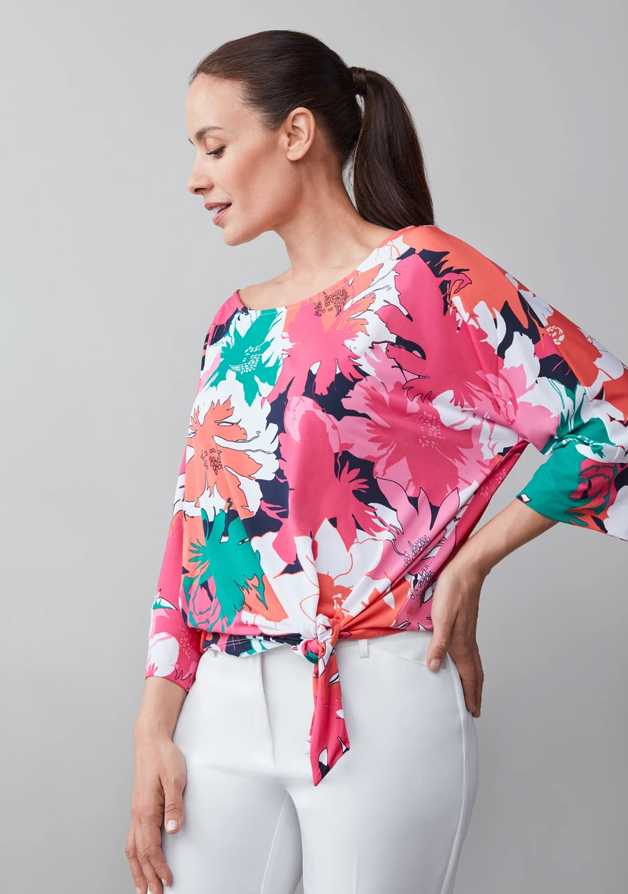 3/4 Sleeve Round Neck Top with Side Tie Detail in Pink Floral