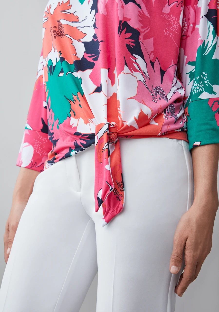 3/4 Sleeve Round Neck Top with Side Tie Detail in Pink Floral
