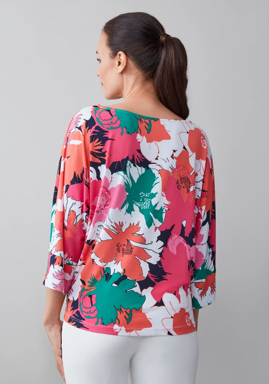 3/4 Sleeve Round Neck Top with Side Tie Detail in Pink Floral