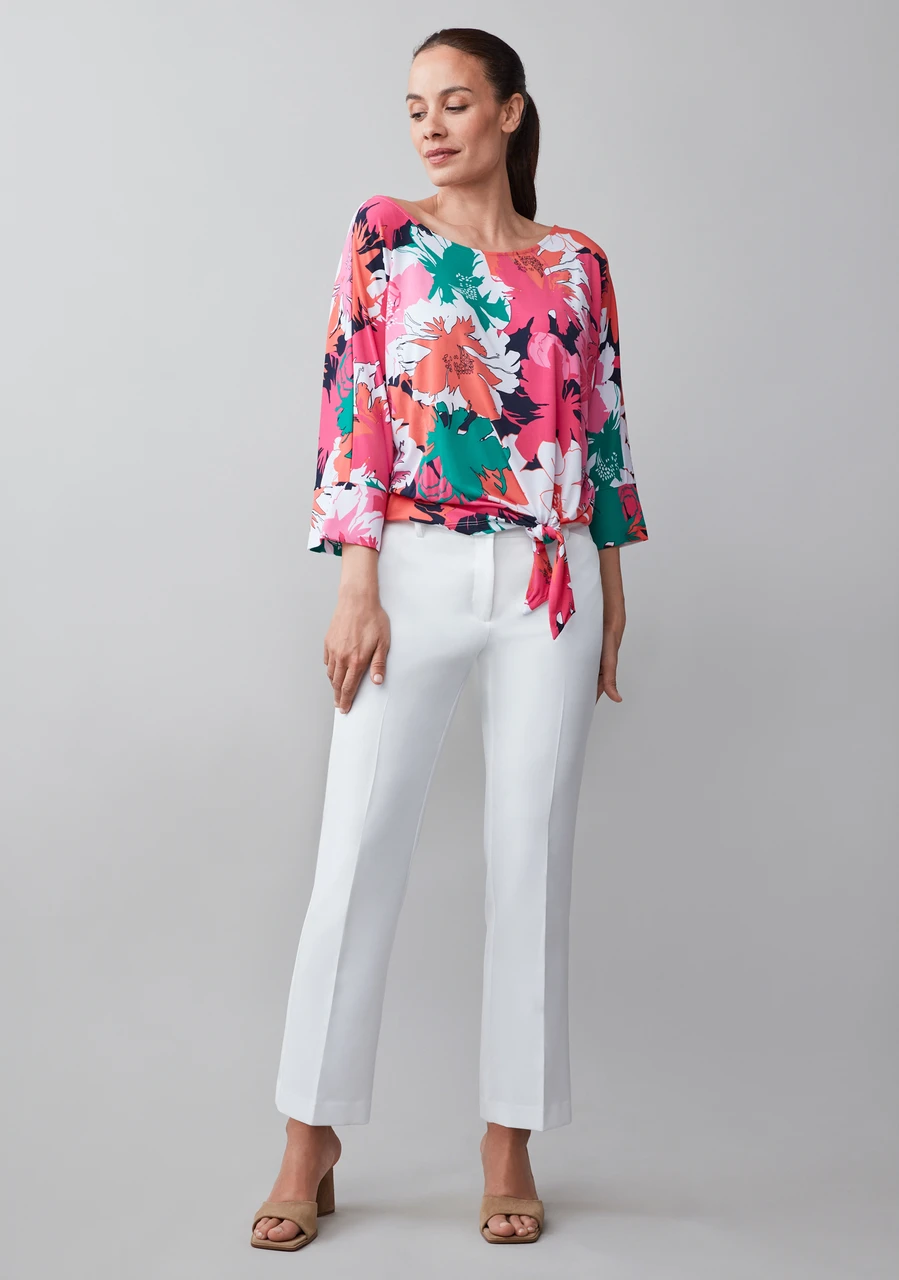 3/4 Sleeve Round Neck Top with Side Tie Detail in Pink Floral