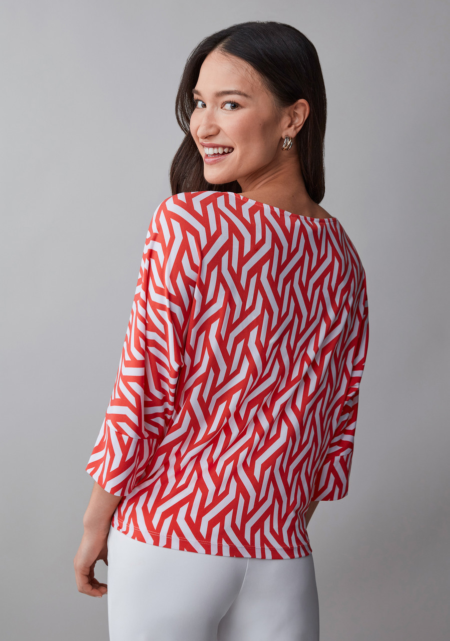 3/4 Sleeve Round Neck Top with Side Tie Detail in Papaya White Graphic