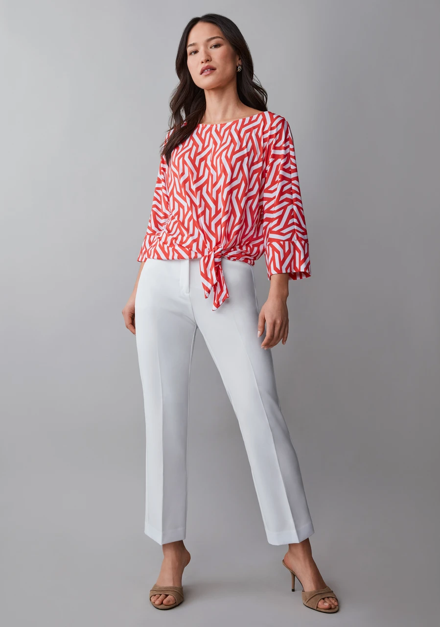 3/4 Sleeve Round Neck Top with Side Tie Detail in Papaya White Graphic