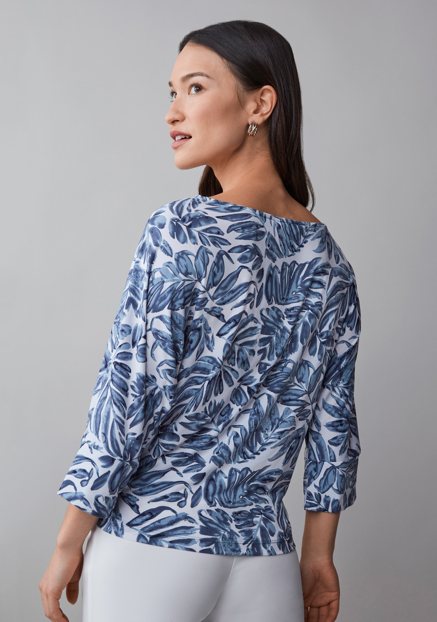 3/4 Sleeve Round Neck Top with Side Tie Detail in Navy Leaf