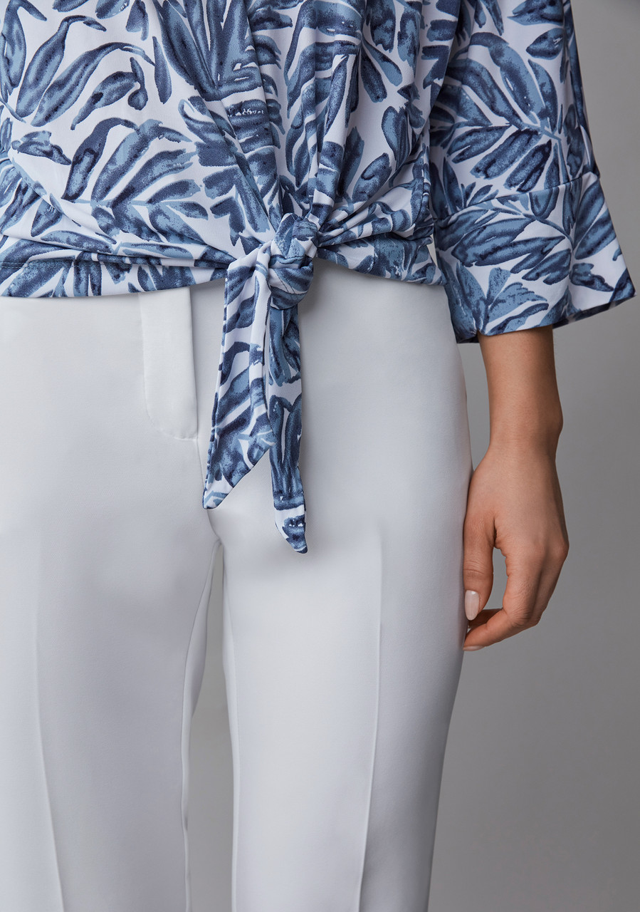 3/4 Sleeve Round Neck Top with Side Tie Detail in Navy Leaf