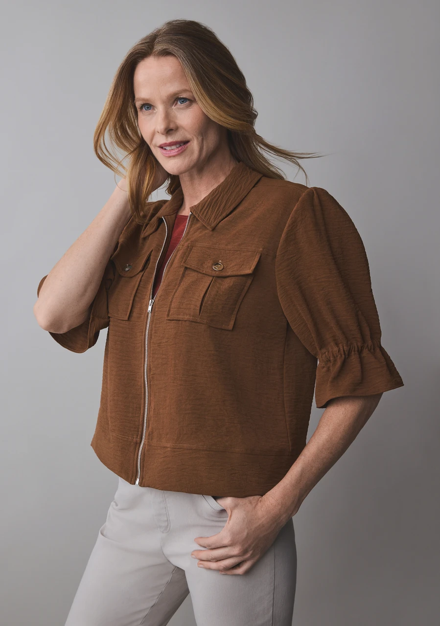 Airflow Flounce Sleeve Jacket in Tobacco
