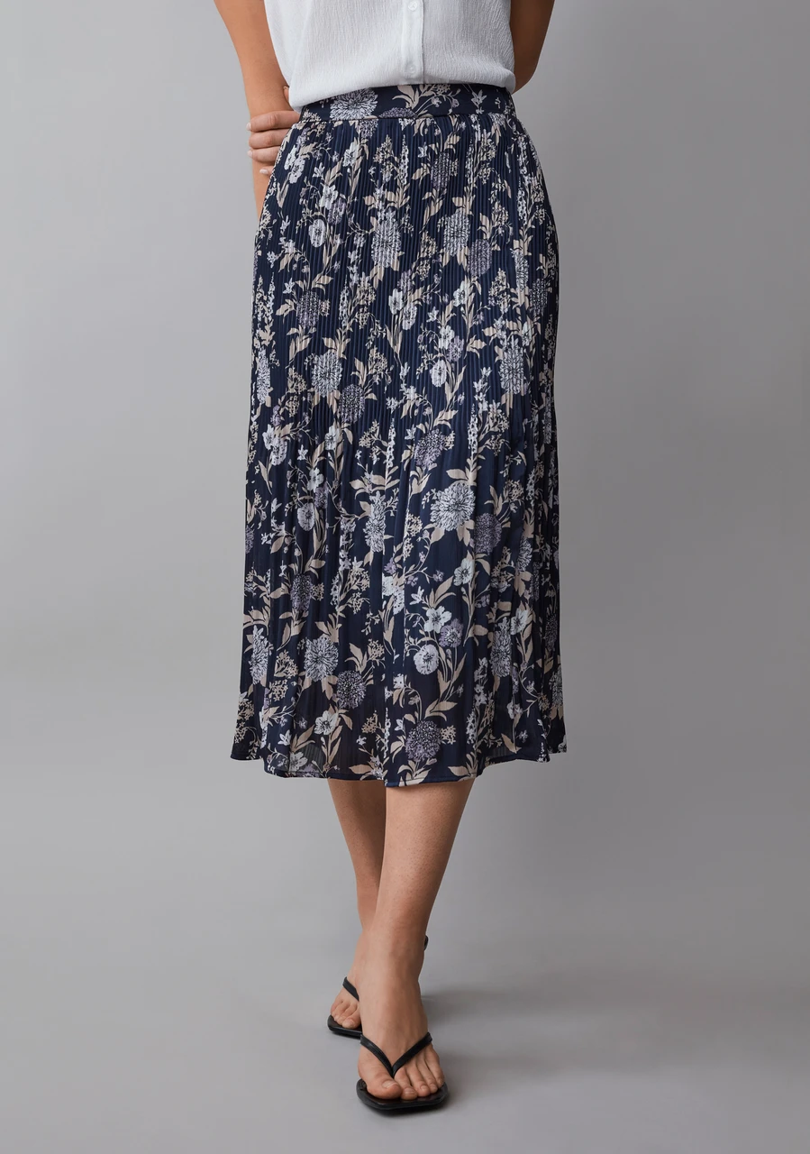 Pleated Crinkle Satin Skirt in Navy Floral