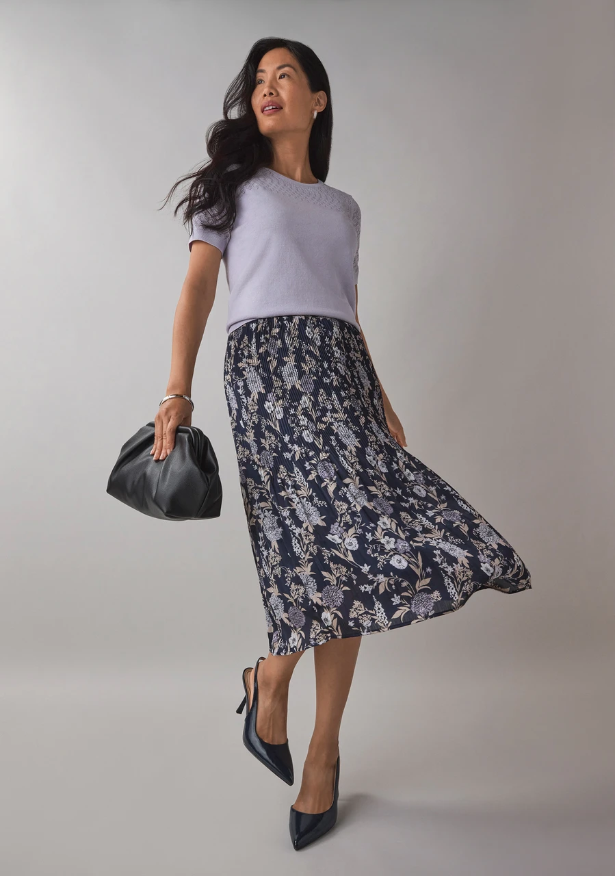 Pleated Crinkle Satin Skirt in Navy Floral